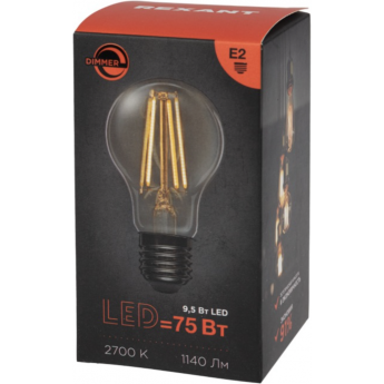 Лампа филаментная REXANT Груша A60 9,5Вт 1140Лм 2700K E27 диммируемая, прозрачная колба Лампа филаментная REXANT Груша A60 9,5Вт 1140Лм 2700K E27 диммируемая, прозрачная колба