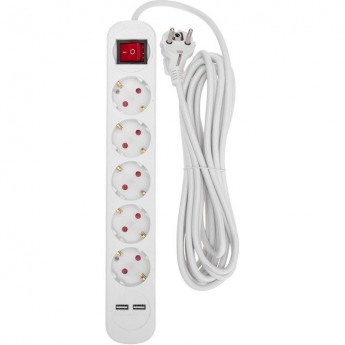 Удлинитель REXANT STANDARD 5 гнезд 5м 3х1,0мм² с выключателем 2 USB белый Удлинитель REXANT STANDARD 5 гнезд 5м 3х1,0мм² с выключателем 2 USB белый